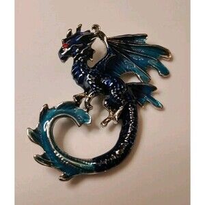 Blue Enamel Dragon Brooch 2.5 X 1.85
